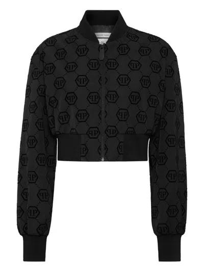 Philipp Plein Monogram Flocked Bomber Jacket In Black