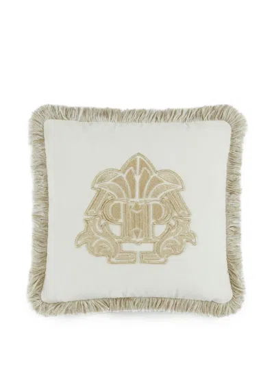 Philipp Plein Monogram Fringed Cushion In Neutral