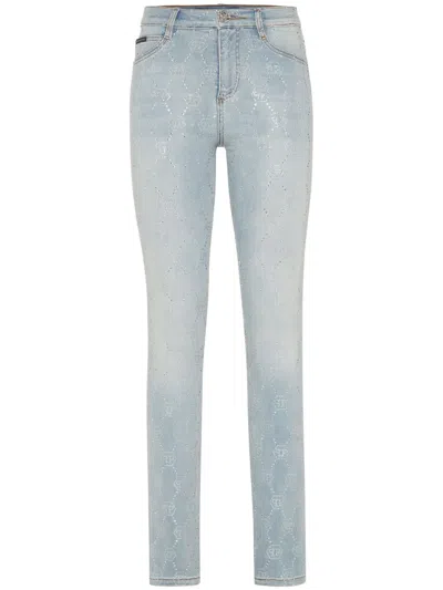 Philipp Plein Monogram High-waisted Jegging Trousers In Blue