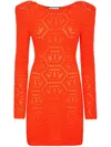 Philipp Plein Monogram-intarsia Shoulder-pads Minidress In Orange
