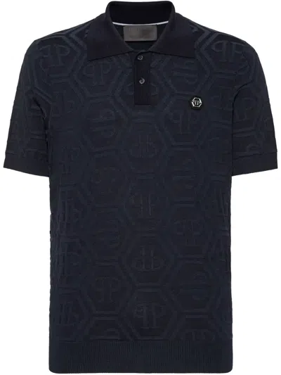 Philipp Plein Monogram-jacquard Polo Shirt In Blue