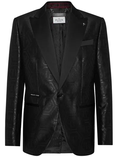 Philipp Plein Monogram-jacquard Single-breasted Blazer In Black