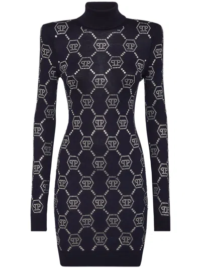 Philipp Plein Monogram Knitted Mini Dress In Blue