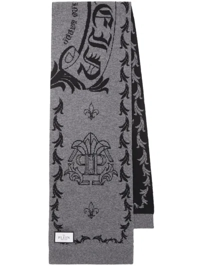Philipp Plein Monogram-motif Merino Scarf In Grey