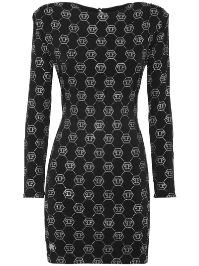 Philipp Plein Monogram Padded Shoulder Dress In Black