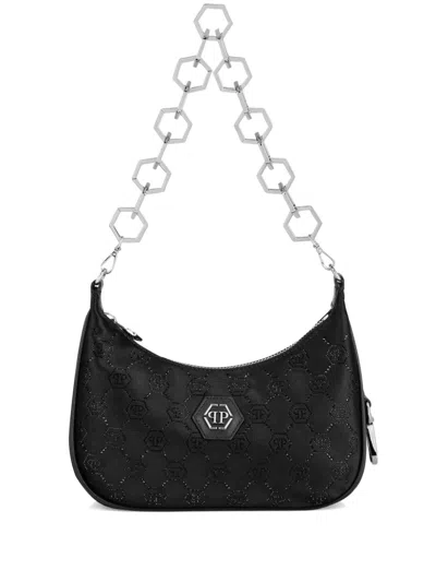 Philipp Plein Monogram-pattern Satin Shoulder Bag In Black