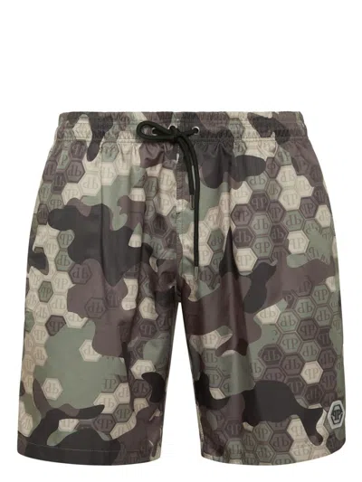 PHILIPP PLEIN MONOGRAM PATTERN SWIM SHORTS