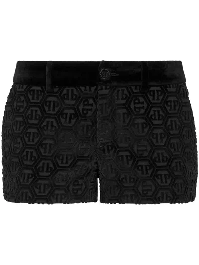 Philipp Plein Monogram-pattern Velvet Mini Shorts In Black