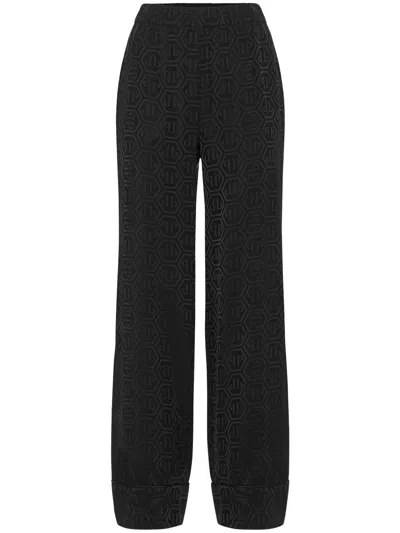 Philipp Plein Monogram-pattern Wide-leg Trousers In 黑色