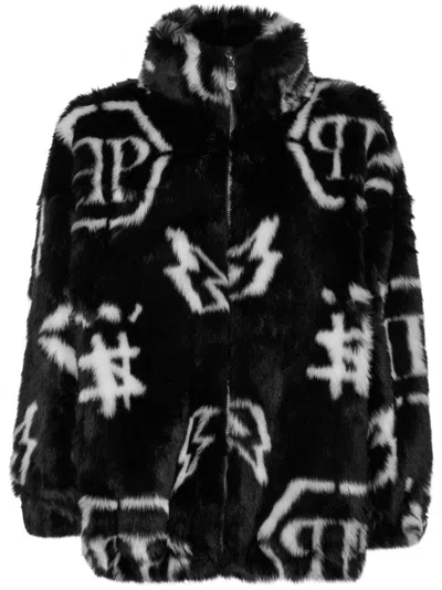 Philipp Plein Monogram-print Faux Fur Coat In Black