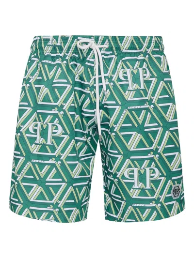 Philipp Plein Monogram-print Swim Shorts In Grün