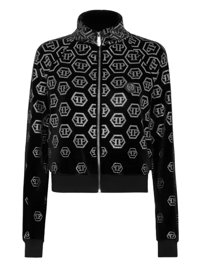 Philipp Plein Monogram Rhinestone Zipped Sweatshirt In Black