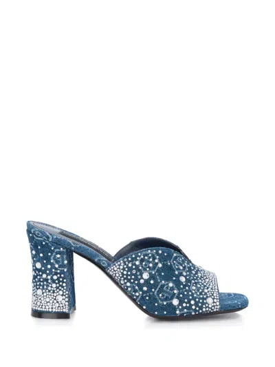 Philipp Plein Denim Mid Heels Platform Sandals Monogram Strass In Multi