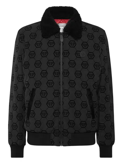 Philipp Plein Monogram Shearling-collar Bomber Jacket In Black