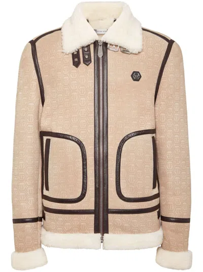 Philipp Plein Monogram Shearling Jacket In Neutrals