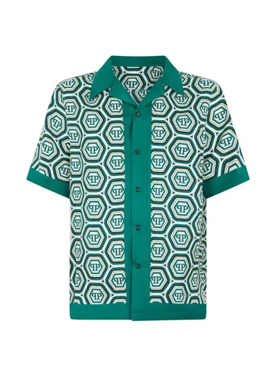 Philipp Plein Monogram Silk Bowling Shirt In Green