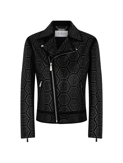 Philipp Plein Monogram Stone Biker Jacket In Black