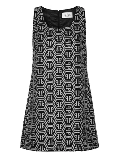 Philipp Plein Monogram Strass Mini Dress In Black