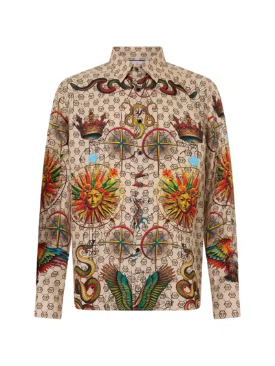 Philipp Plein Silk Pajamas Shirt Monogram Tattoo In Neutral