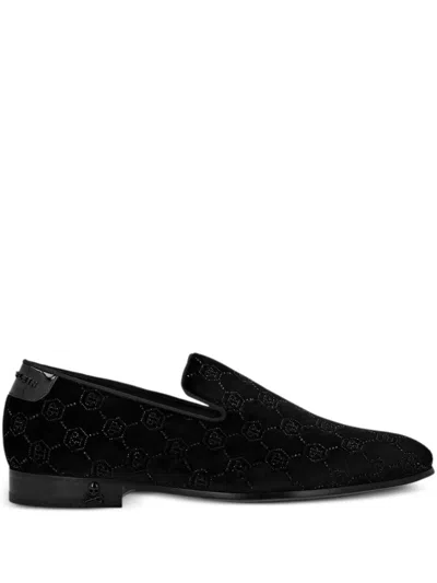 Philipp Plein Monogram Velvet Loafers In Schwarz