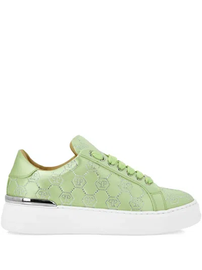 Philipp Plein Satin Lo Top Sneakers Monogram Strass Women In Green