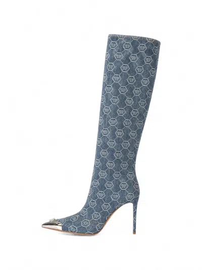Philipp Plein Monogram-print Pointed-toe Demin Boots In Multi