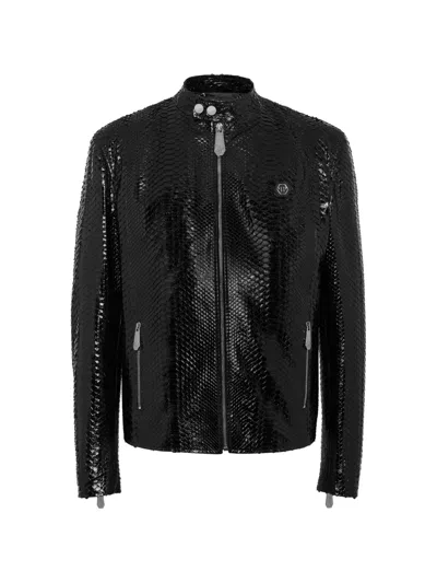 Philipp Plein Moto Python-skin Biker Jacket In Black