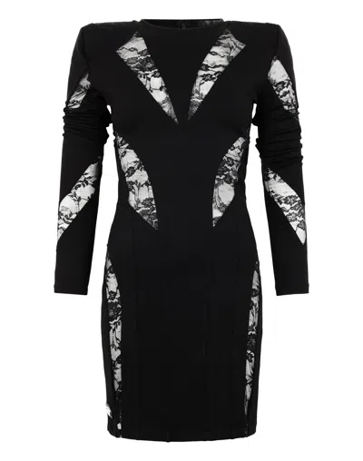 Philipp Plein Multicutting Long Sleeve Mini Dress Lace In Black