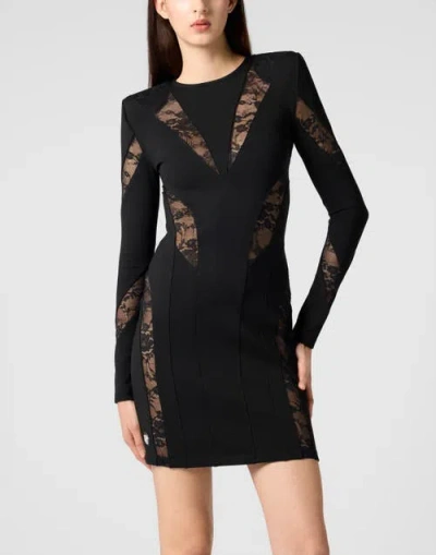 Philipp Plein Multicutting Long Sleeve Mini Dress Lace Women In Black
