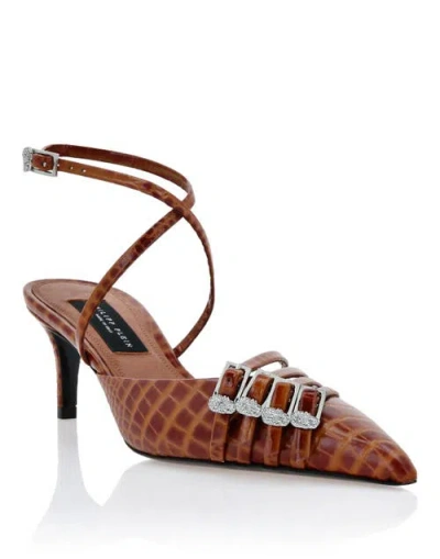 Philipp Plein Multi-strap Low-heel Slingback Cocco Print Women In Brown