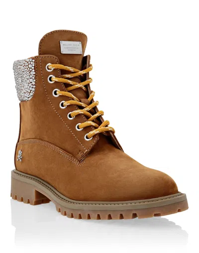 Philipp Plein Nabuk Boots Low Flat Crystal The Hunter In Beige