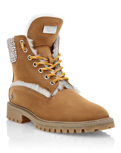 Philipp Plein Nabuk Boots With Shearling Inside Stones In Brown
