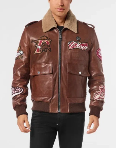 Philipp Plein Nappa Leather And Shearling Aviator Jacket Beers Men In Brown