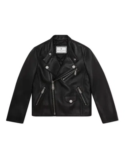 Philipp Plein Kids'  Nappa Leather Biker Jacket Boy In Black