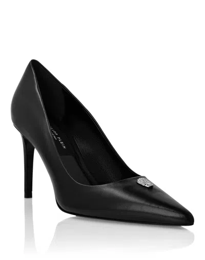 Philipp Plein Nappa Leather Decollete Mid Heels Skull Strass In Black