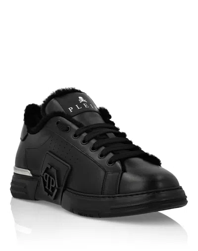 Philipp Plein Nappa Leather Lo-top Sneakers With Fur Hexagon In Black