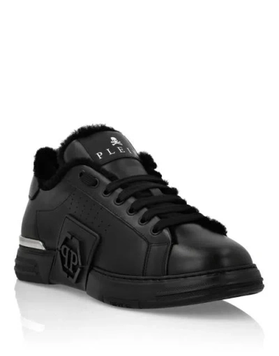Philipp Plein Nappa Leather Lo-top Sneakers With Fur Hexagon Unisex In Black