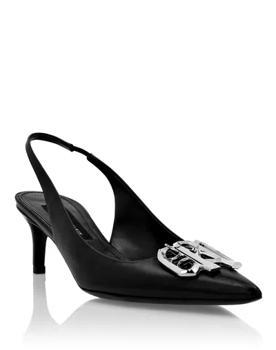Philipp Plein Nappa Leather Low Plein Heels Slingback Gothic Plein In Black