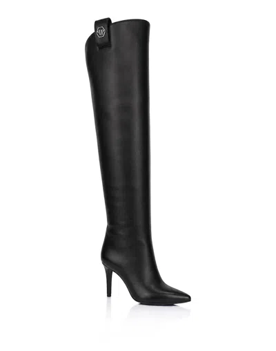 Philipp Plein Nappa-leather Low-heel Overknee Boots Hexagon In Black