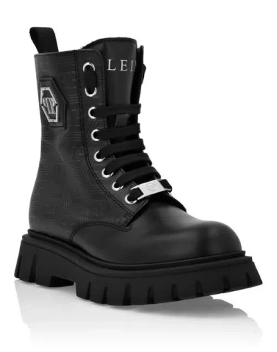 Philipp Plein Kids'  Nappa Leather Mid Boots Hexagon Monogram Girl In Black
