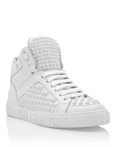 Philipp Plein Nappa Leather Mid-top Sneakers Studs In White