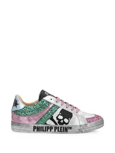 Philipp Plein Nappa-leather Lo-top Sneakers Glitter Skull In Multi