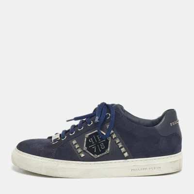 Philipp Plein Navy Blue Leather And Suede Stud Embellished Lace Up Sneakers