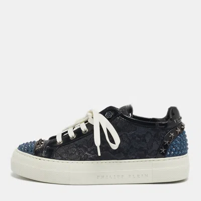 Philipp Plein Navy Blue/black Leather And Lace Stud Embellished Lace Up Sneakers