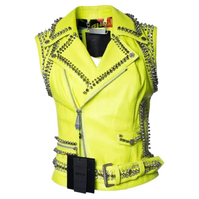 Pre-owned Philipp Plein , Neon Yellow Leather Vest With Studs