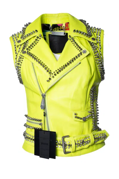 Pre-owned Philipp Plein , Neon Yellow Leather Vest With Studs And Crystals