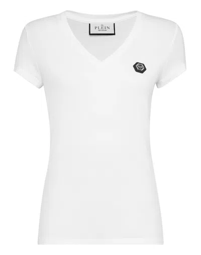 Philipp Plein Slim Fit V-neck Short Sleeve Tops In White