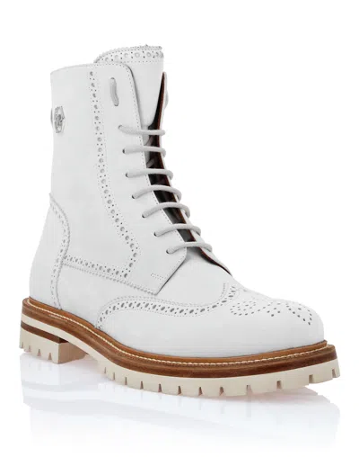 Philipp Plein Nubuck Boots Mid Flat Hexagon In White