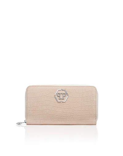 Philipp Plein Nubuck Rounded Zip Wallet In Pink