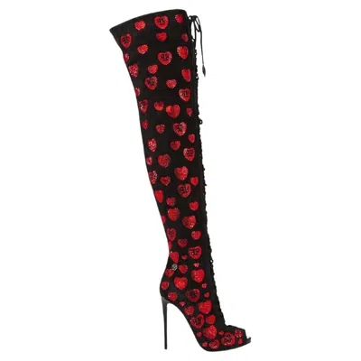 Pre-owned Philipp Plein Nwt  Over Knee Black Leather Red Crystal Hearts Lace-up Boots It 35